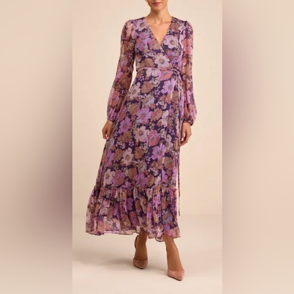 Lulus Dresses & Skirts - Lulus NWT “Feeling Sweet” Purple Floral Print Long Sleeve Wrap Maxi Dress. Large